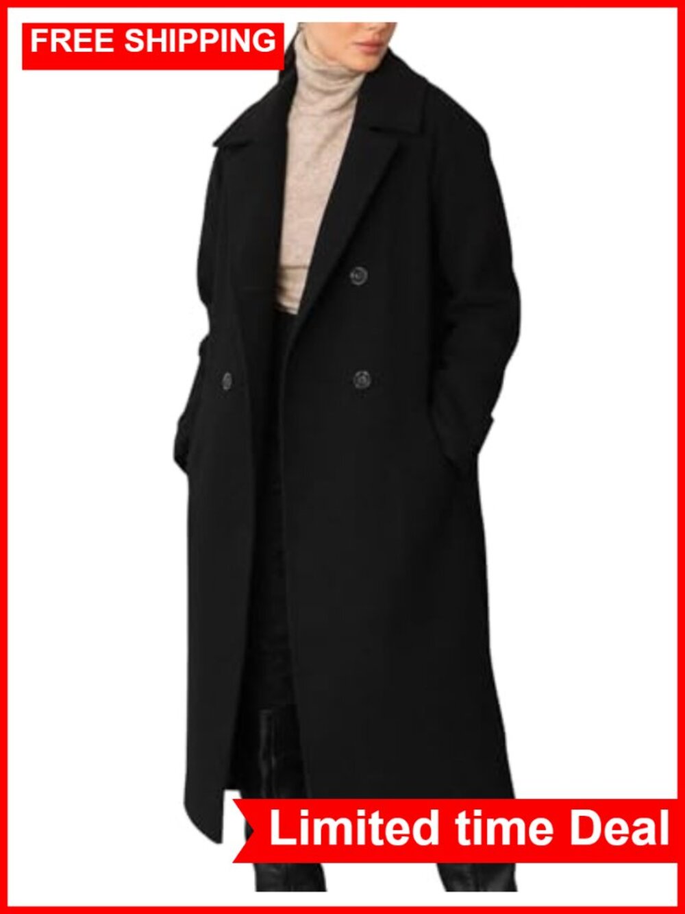 Women's Long Double Breasted Peacoat Notch Lapel Wool Blend Coat